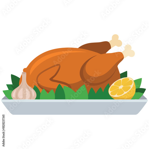 Baked thanksgiving turkey on chopping board with garlic parsley isolated vector illustration on white background