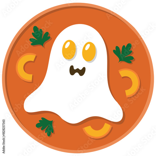 Halloween breakfast concept with ghost shaped egg on plate isolated vector illustration on white background
