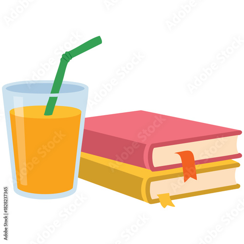 Flat design book pile with coffee and soda beverage isolated vector illustration on white background