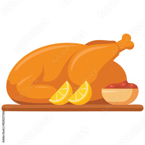 Roasted thanksgiving turkey on cutting board with herbs isolated vector illustration on white background