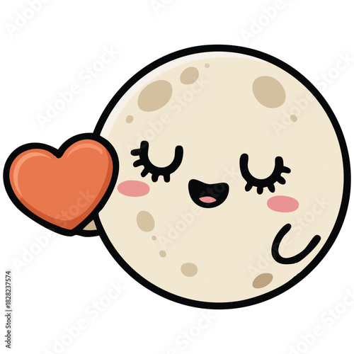 Cute moon character holding heart in hands greeting card isolated vector illustration on white background