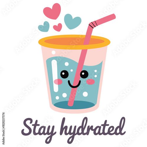 Plastic glass cup with lid straw smiling face stay hydrated isolated vector illustration on white background