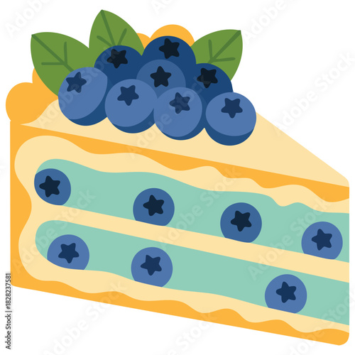 Piece of cake with cream and blueberries chocolate dessert isolated vector illustration on white background