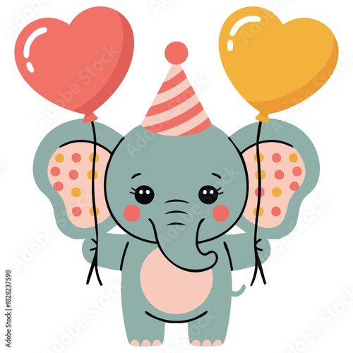 Cute elephant with balloon cartoon character illustration isolated vector illustration on white background