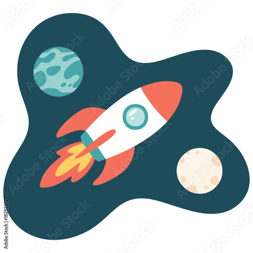 Space flat vector background with astronaut rocket spaceship moon isolated vector illustration on white background