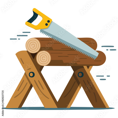 Sawhorse wood saw for rough cutting logs tools isolated vector illustration on white background