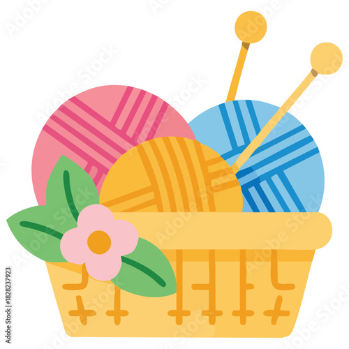 Knitting basket with multi colored yarn balls tools isolated vector illustration on white background