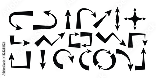 Large Collection of Black Hand-Drawn Style Arrow Icons in Various Directions, Curves, and Square Shapes on White Background