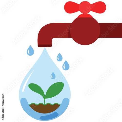Drop of water with sprout from tap conservation concept isolated vector illustration on white background