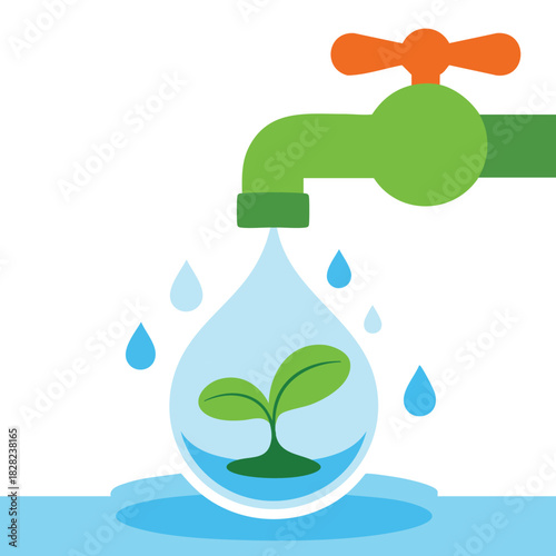 Water conservation with sprout from faucet eco concept isolated vector illustration on white background