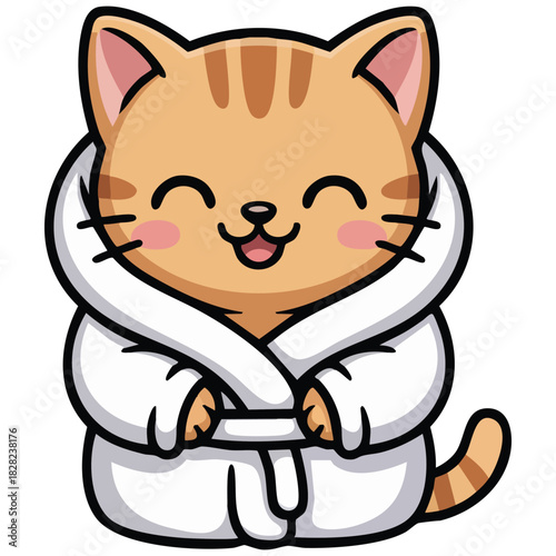 Cute cartoon cat in bathrobe washing flat design isolated vector illustration on white background