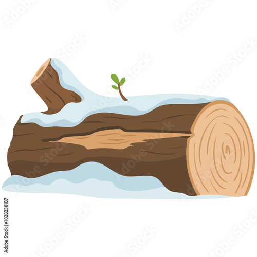 Winter themed cartoon tree log with snowy texture detailed forest wood element isolated vector illustration