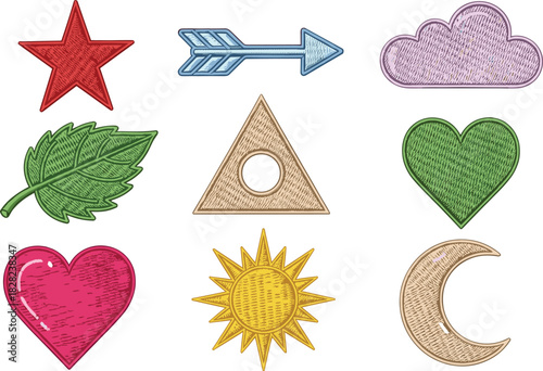 Colorful stitched patch icons set featuring hearts, stars, moon, sun, arrow, cloud, leaf, and geometric shapes in textured embroidery style.