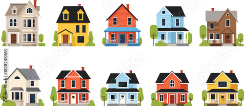 Colorful suburban house illustrations, residential home collection, modern neighborhood buildings, family housing vector set, cozy property architecture design