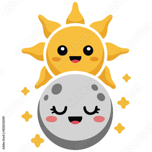 Cute cartoon solar eclipse astronomical phenomenon illustration isolated vector on white background