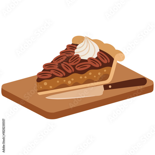 Pecan pie slice with whipped cream delicious dessert isolated vector illustration on white