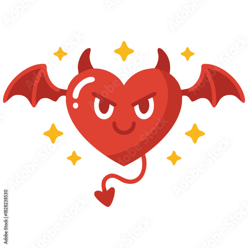 Cute devil heart character with horns and red wings isolated vector illustration on white
