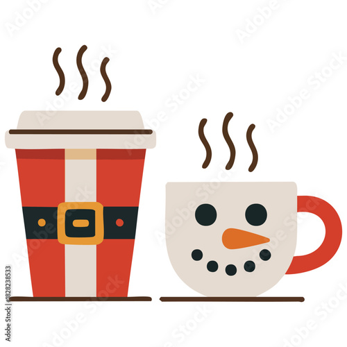Winter holiday coffee cups with Christmas themes isolated vector illustration on white background