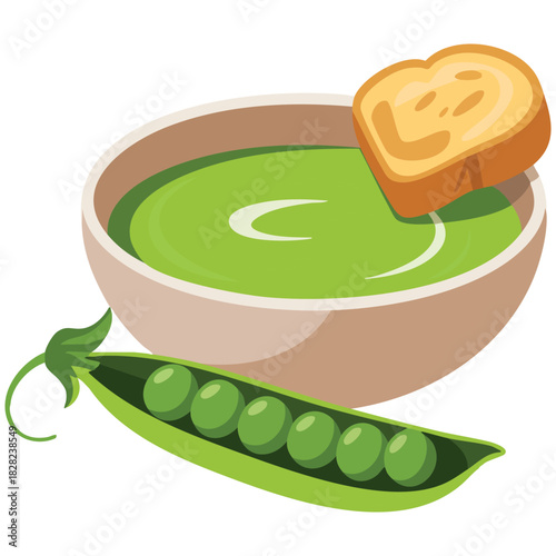 Delicious green pea soup with fresh pods isolated vector illustration on white background