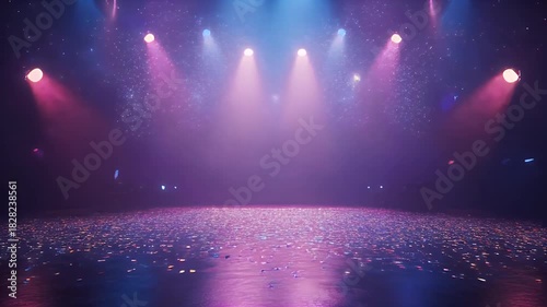 Stage Lighting With Confetti And Dramatic Spotlights Pink Blue And Purple Hues Create Atmospheric Ambiance