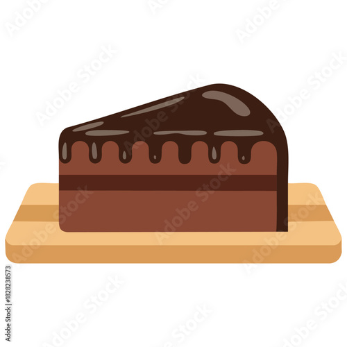 Whole round chocolate layer cake on wooden board isolated vector illustration on white