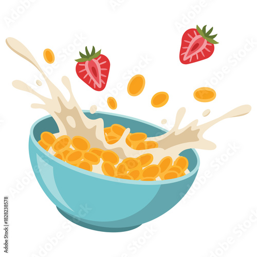 Healthy breakfast bowl with oats and red strawberries isolated vector illustration on white