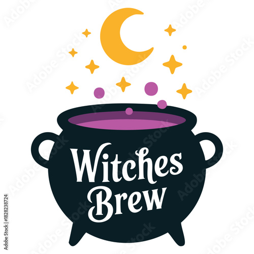 Witch cauldron with boiling purple potion Halloween isolated vector illustration on white