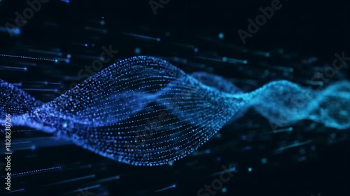 A dynamic wave of interconnected glowing blue particles illustrates data flow, network communication, and futuristic technology concepts on an abstract background