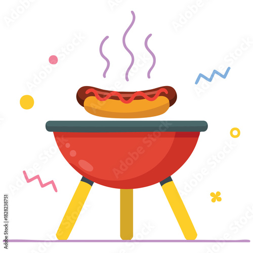 Cartoon barbecue grill pink bowl shaped with yellow legs isolated vector illustration