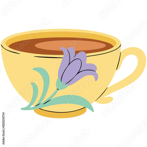 Spring floral coffee cup flat vintage style isolated vector illustration on white