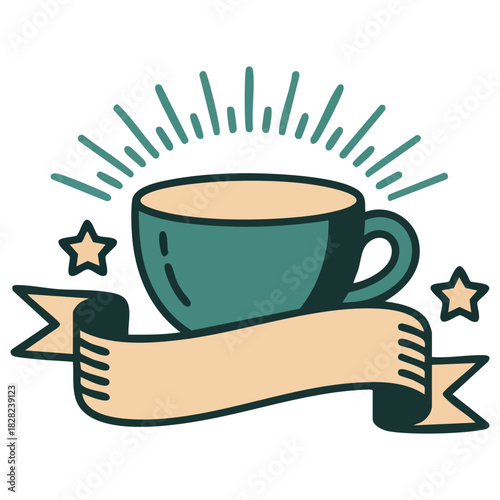 Coffee cup traditional tattoo design with banner isolated vector illustration on white