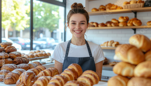 Joven Emprendedora Sonriente en Panadería Artesanal Rodeada de Productos Frescos