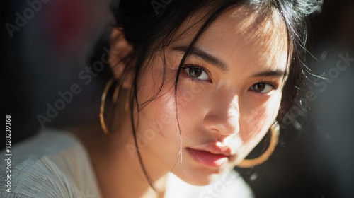 Close-up of a young woman with luminous skin and golden hoop earrings