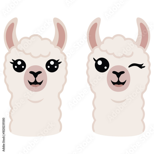 Llama alpaca animal set fluffy hair cute isolated vector illustration on white