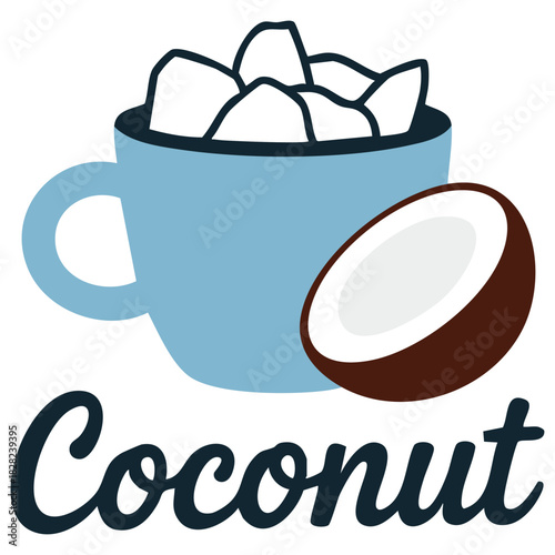 Coconut half fruit with leaves cartoon icon isolated vector illustration on white