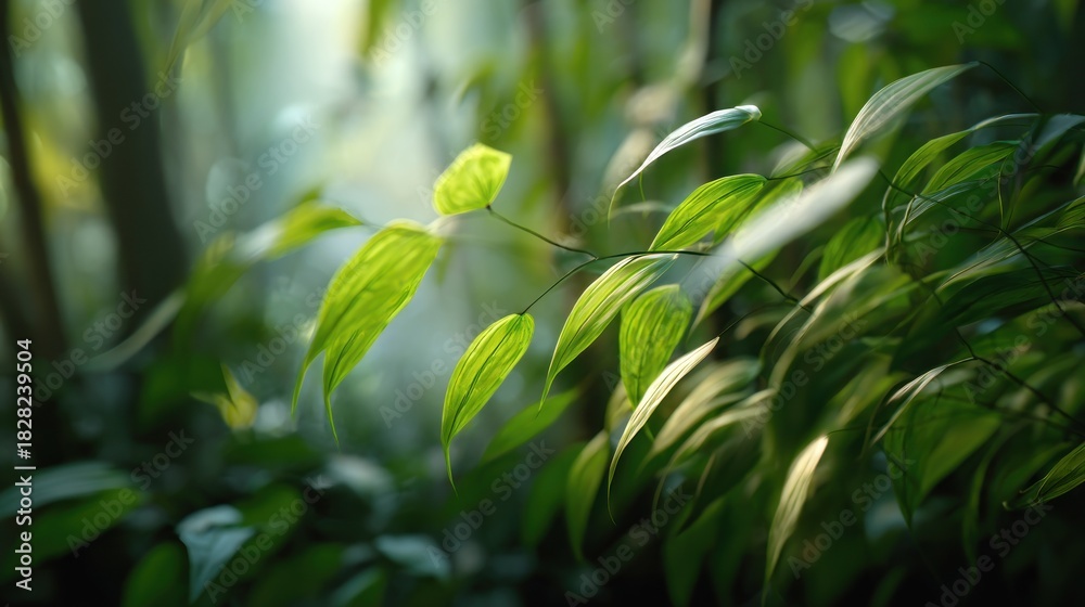 Naklejka premium Lush Greenery Canopy: Serene Forest Scenery with Sunlight Filtering through Leaves