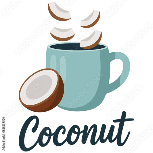 Cup of coconut with leaves tropical fruit isolated vector illustration on white