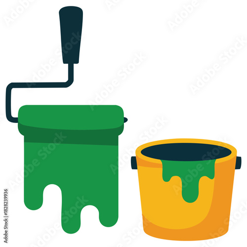 Wall painting roller in yellow container renovation tool isolated vector illustration on white background