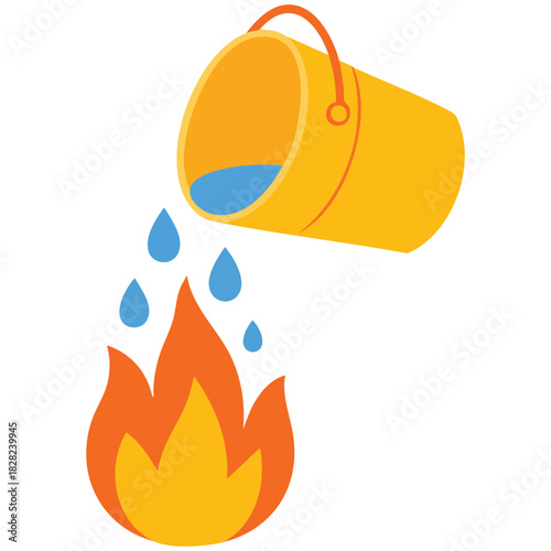 Fire extinguishing with water bucket putting out flames isolated vector illustration on white background