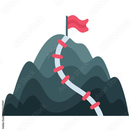 Mountain climbing achievement with red flag business growth concept isolated vector illustration on white background