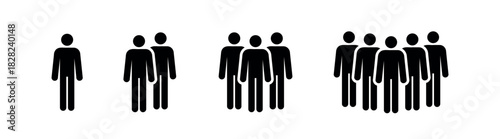 group of people icon set, team growth, one, two, three and five persons sign, black vector design elements