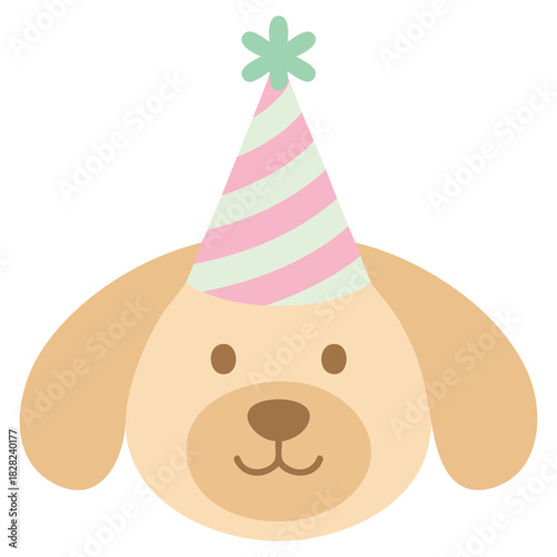 Pet dog with party headwear celebration time isolated vector illustration on white background