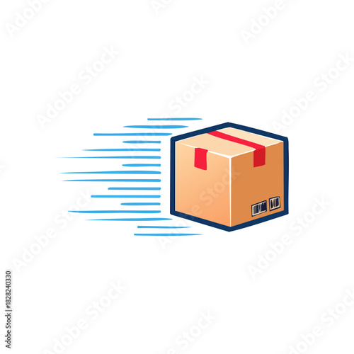 Vibrant icon of a rapidly moving cardboard box, illustrating efficient parcel delivery and express shipping services for quick e-commerce logistics and timely goods transport solutions