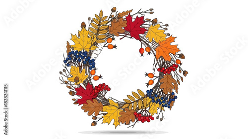 A colorful wreath of autumn leaves, berries, and twigs on a white background.