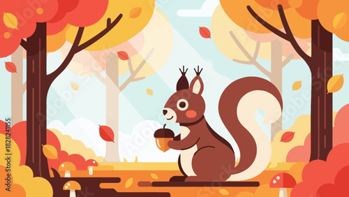 A cute cartoon squirrel holding an acorn in a vibrant autumn forest with colorful falling leaves.