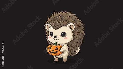 A cute, cartoon hedgehog holding a small, carved pumpkin with a jack-o'-lantern face.