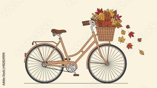 A vintage bicycle with a wicker basket full of colorful autumn leaves blowing in the wind.
