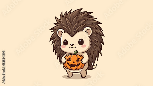 A cute cartoon hedgehog with brown spiky fur, holding a carved orange pumpkin, smiling happily.