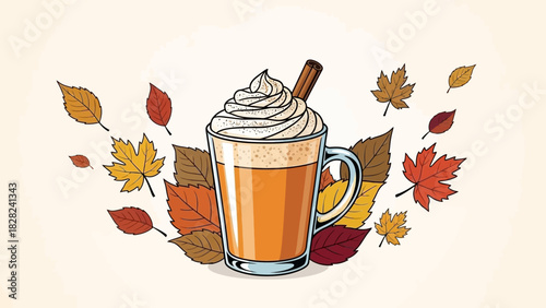 A warm autumn beverage, possibly a pumpkin spice latte, topped with whipped cream and a cinnamon stick, surrounded by colorful fall leaves.