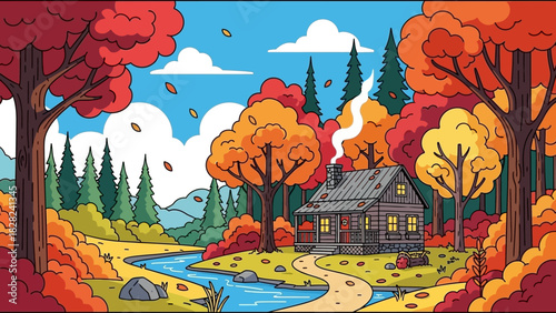A picturesque autumn scene featuring a cabin nestled amidst colorful trees and a flowing river.